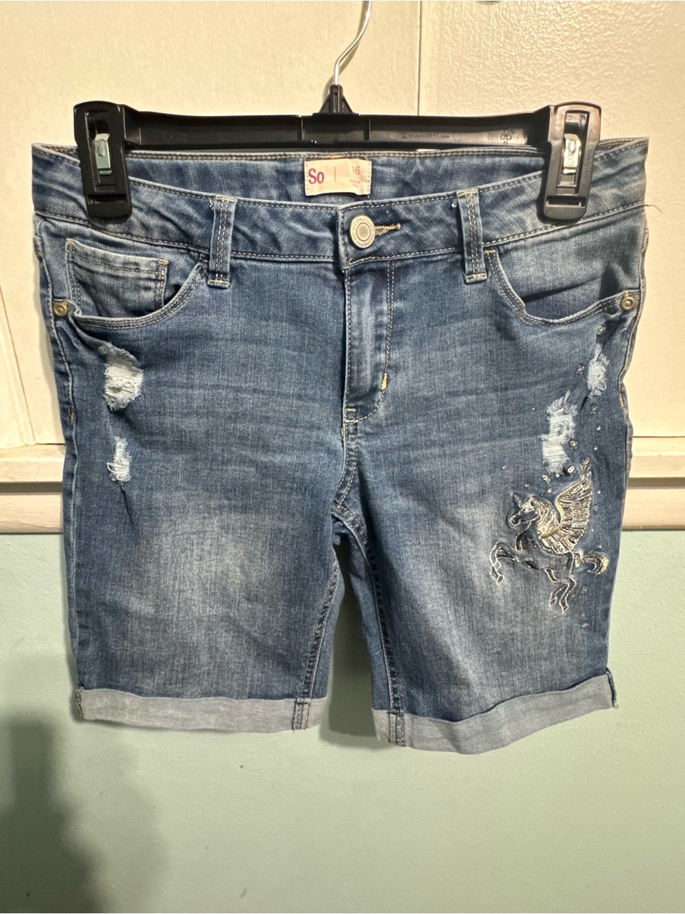 SO Distressed Denim Bermuda Shorts with Embroidered Pegasus Girls (kids) Size 16